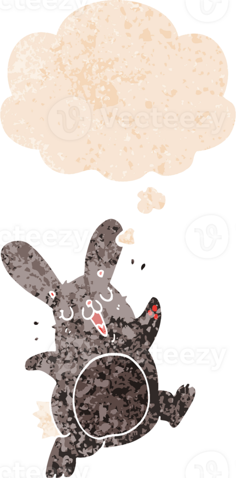 cartoon rabbit with thought bubble in grunge distressed retro textured style png