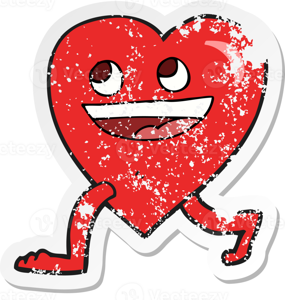 retro distressed sticker of a cartoon walking heart png