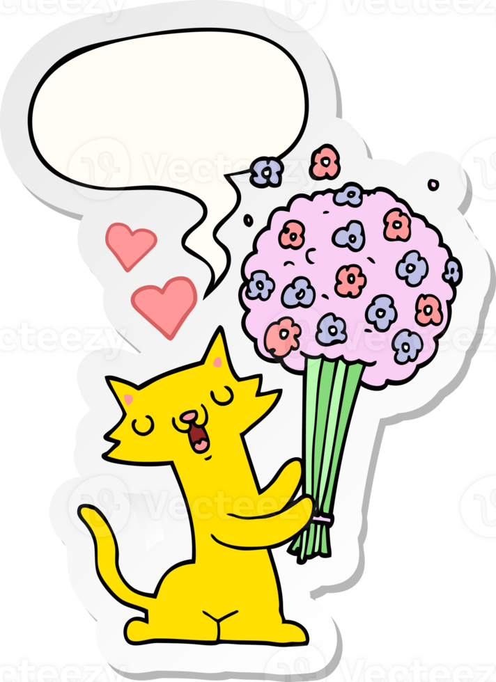 cartoon cat in love with flowers with speech bubble sticker png