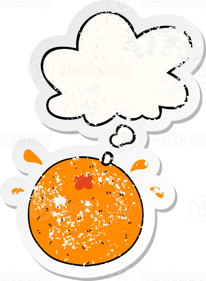 cartoon orange with thought bubble as a distressed worn sticker png