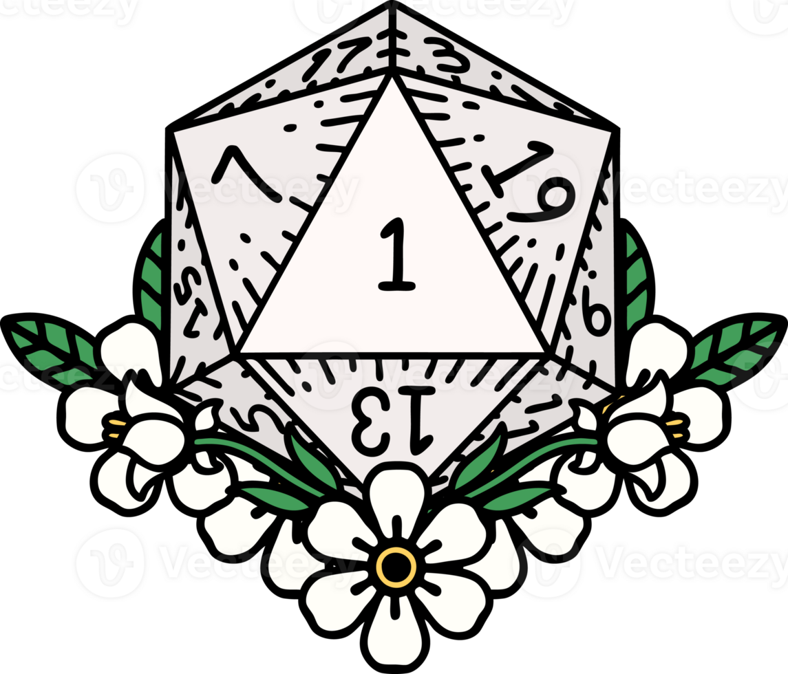 Retro Tattoo Style natural one dice roll with floral elements png