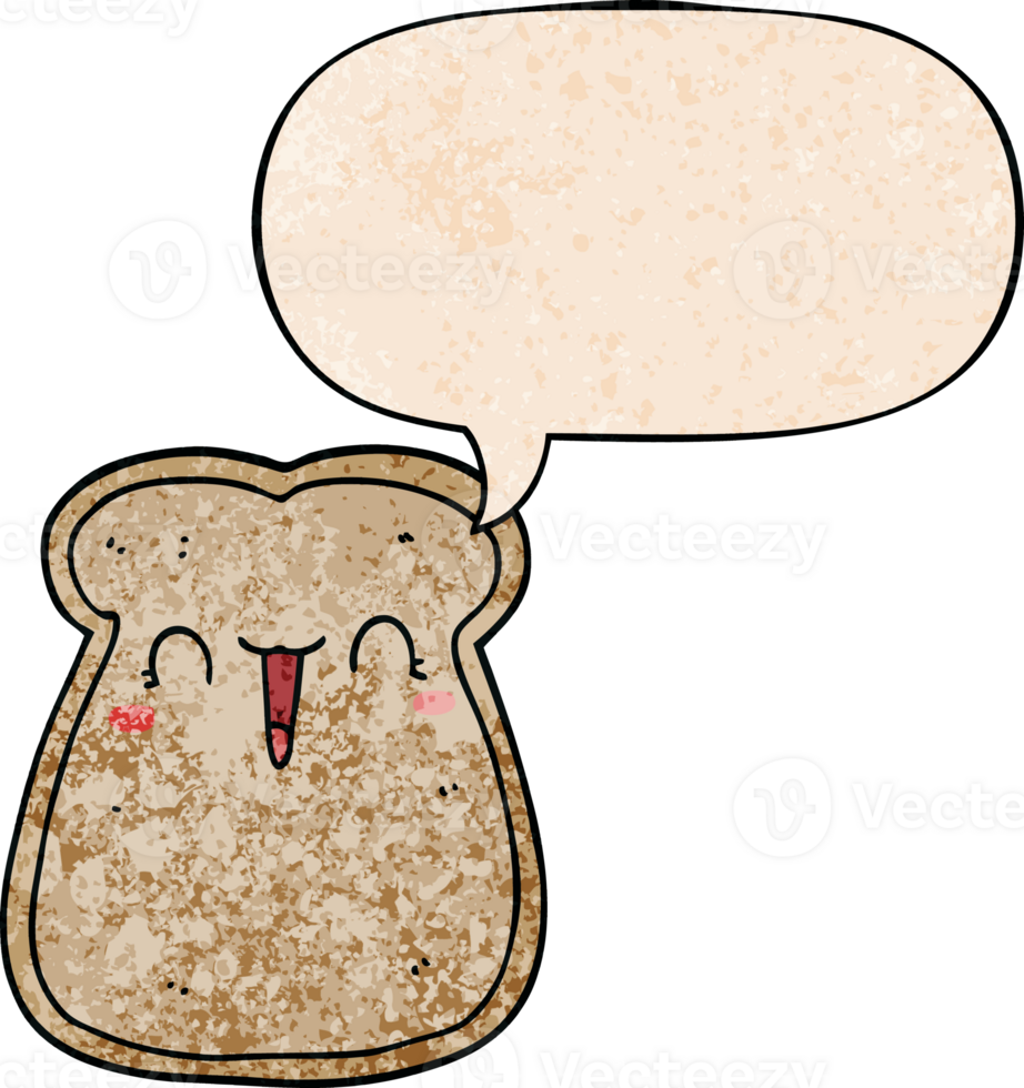 cute cartoon slice of toast with speech bubble in retro texture style png