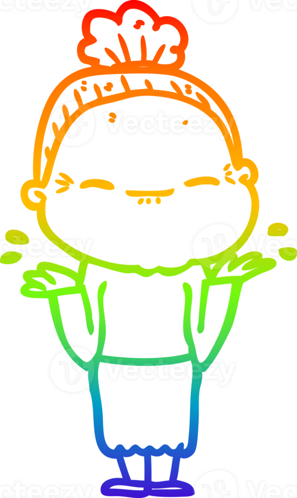 rainbow gradient line drawing of a cartoon peaceful old woman png