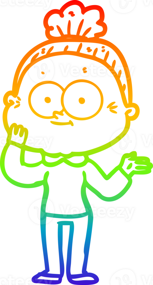 rainbow gradient line drawing of a cartoon happy old woman png
