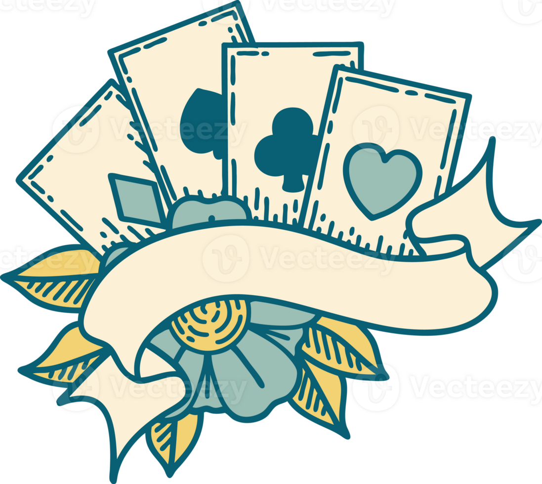 iconic tattoo style image of cards and banner png