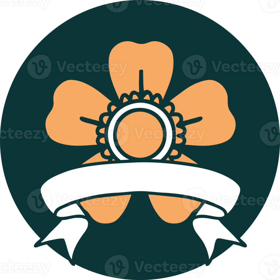 tattoo style icon with banner of a flower png