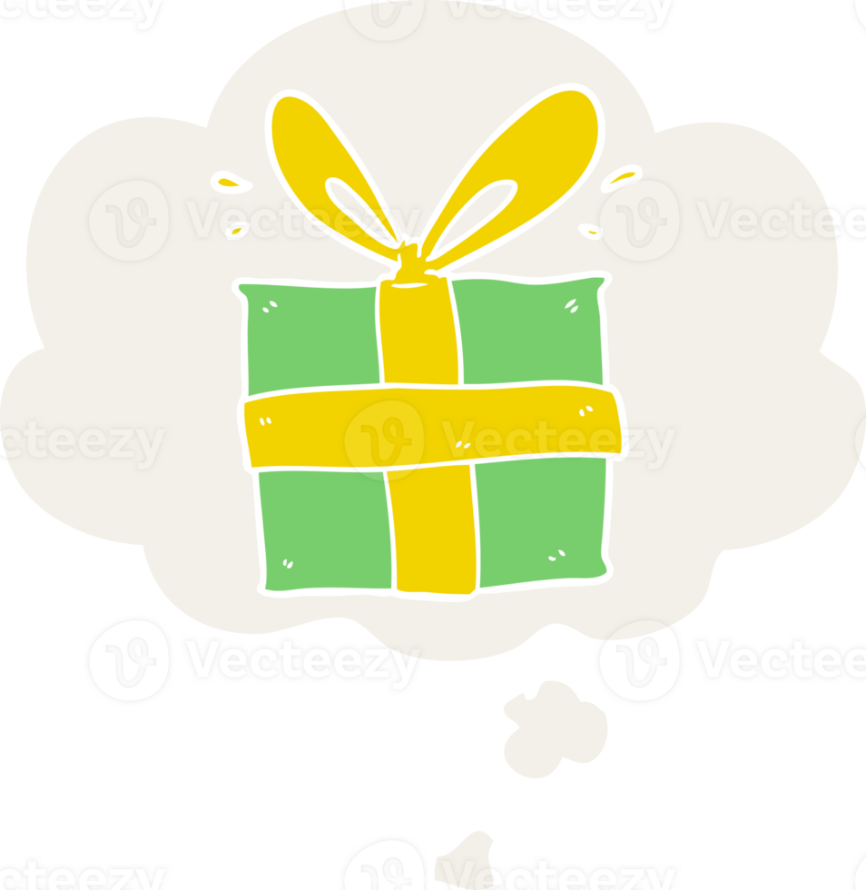 cartoon wrapped gift with thought bubble in retro style png