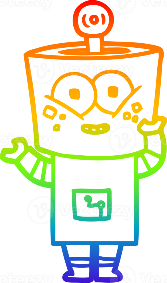 rainbow gradient line drawing of a happy cartoon robot waving hello png