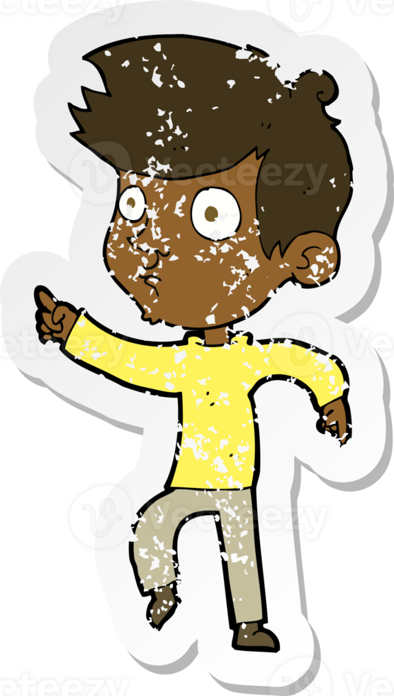 retro distressed sticker of a cartoon pointing boy png