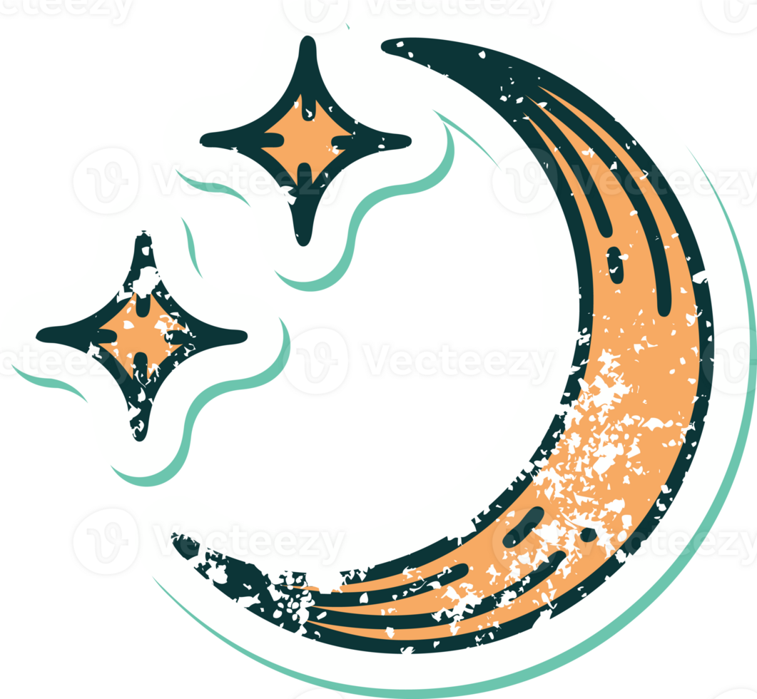 iconic distressed sticker tattoo style image of a moon and stars png