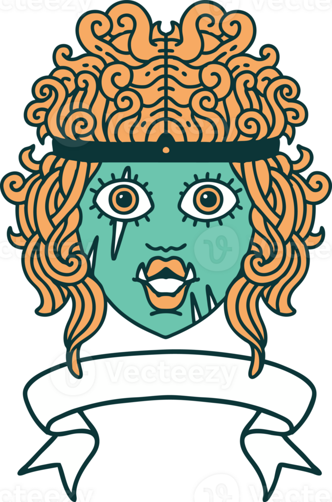 Retro Tattoo Style orc barbarian character face with banner png