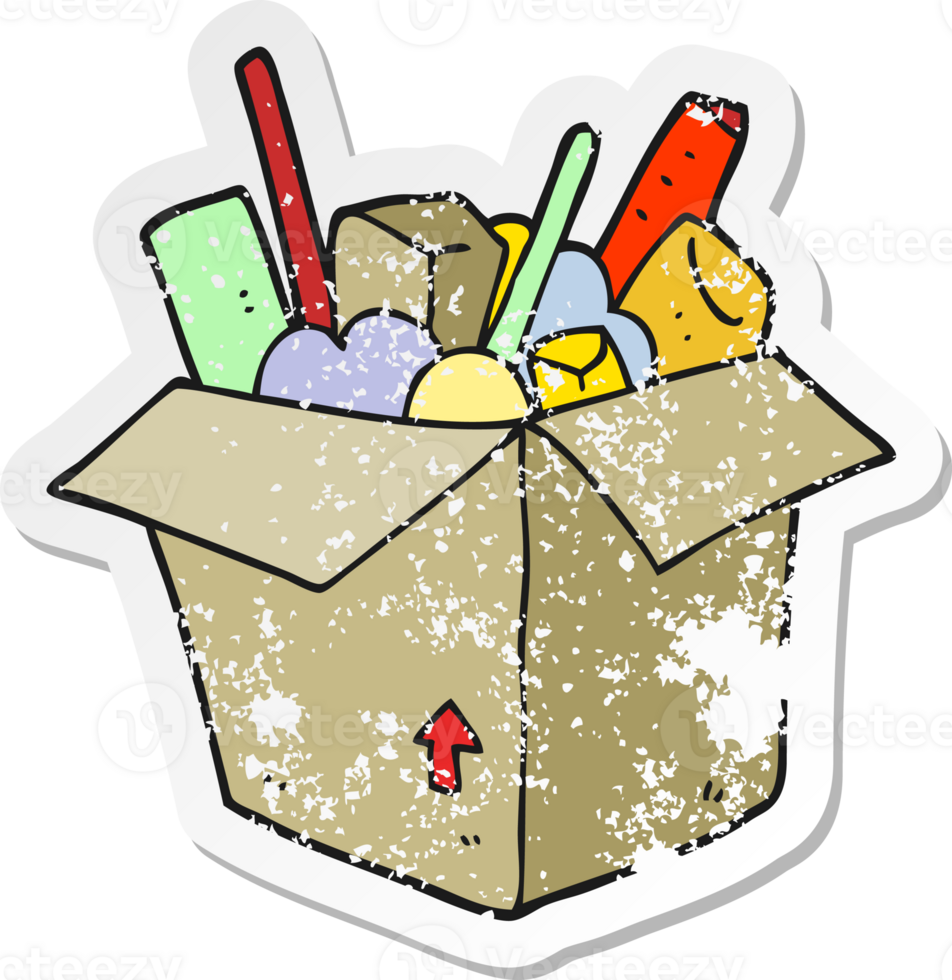 retro distressed sticker of a cartoon box of things png