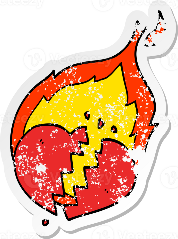 distressed sticker of a cartoon flaming heart png