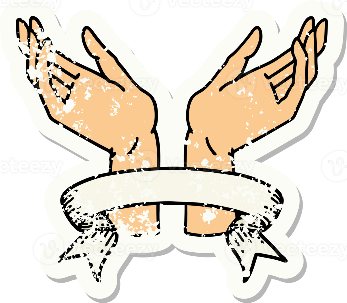worn old sticker with banner of open hands png