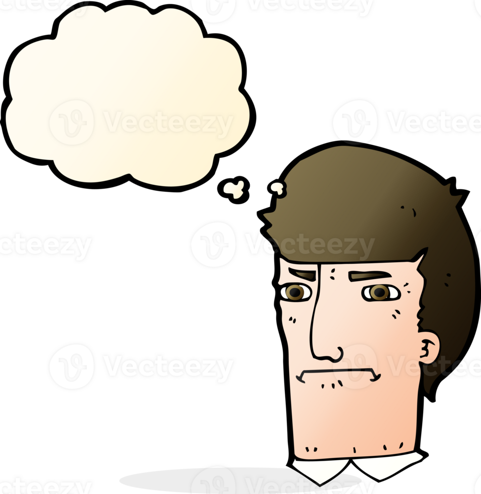 cartoon man narrowing eyes with thought bubble png