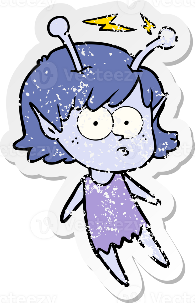 distressed sticker of a cartoon alien girl png