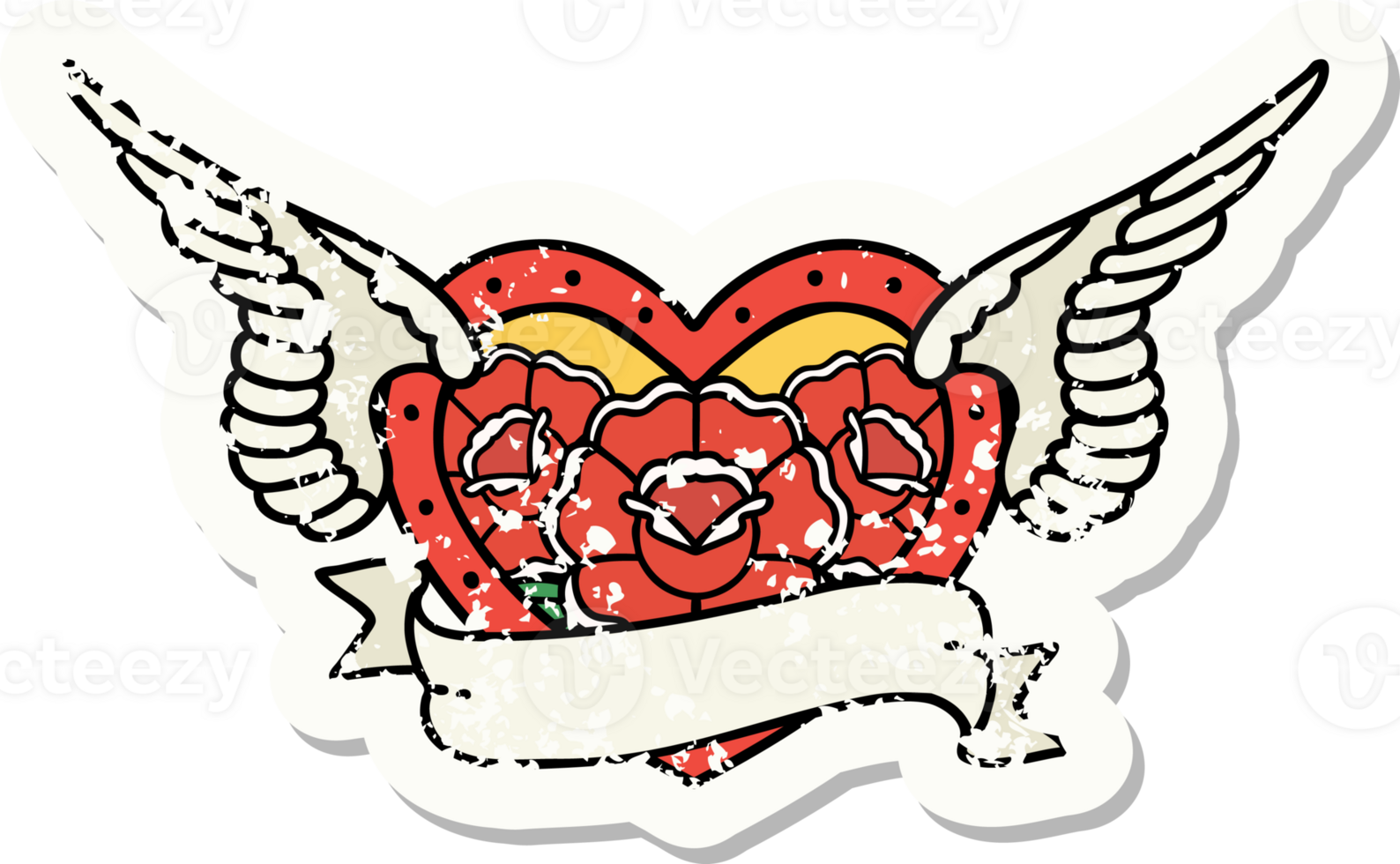 distressed sticker tattoo in traditional style of a flying heart with flowers and banner png