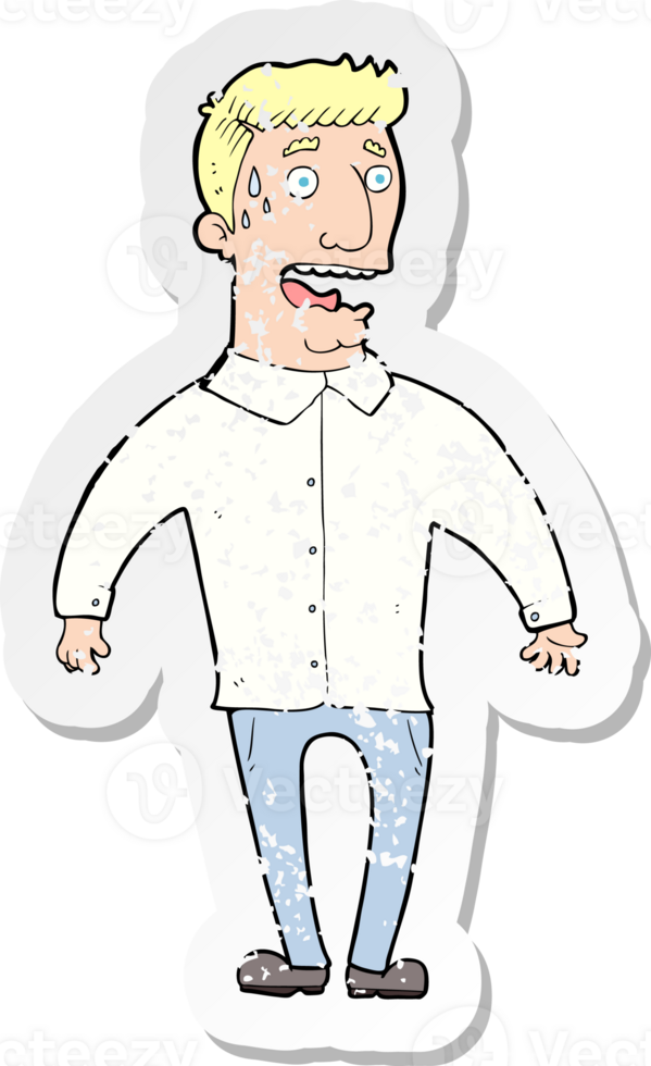 retro distressed sticker of a cartoon nervous man png