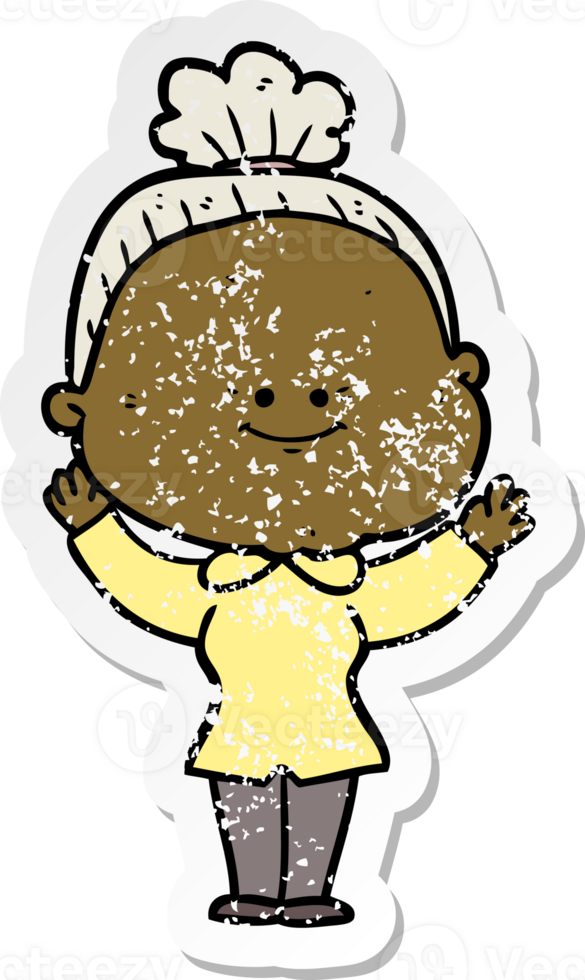 distressed sticker of a cartoon happy old woman png