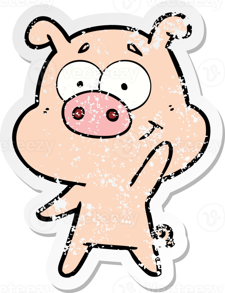 distressed sticker of a happy cartoon pig png