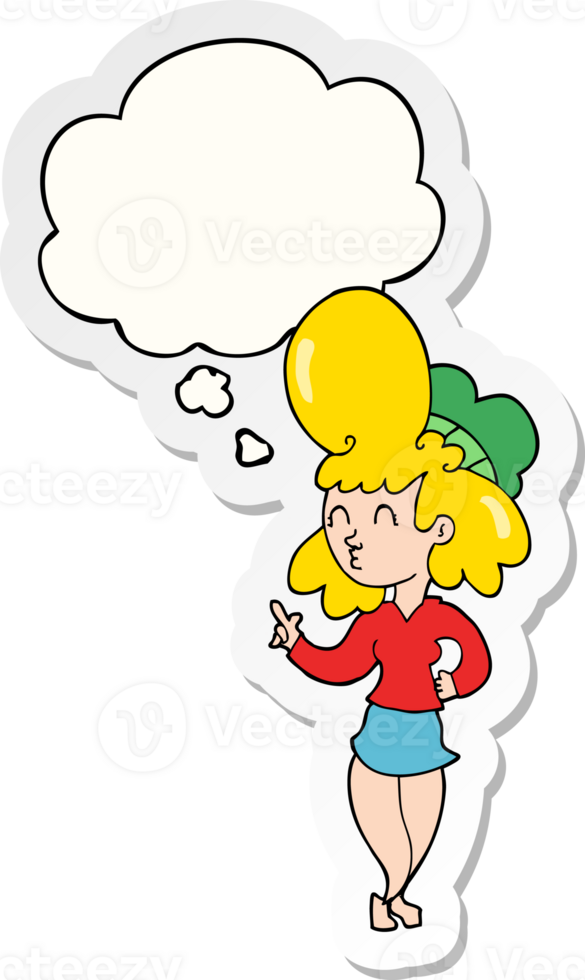 cartoon woman with big hair with thought bubble as a printed sticker png