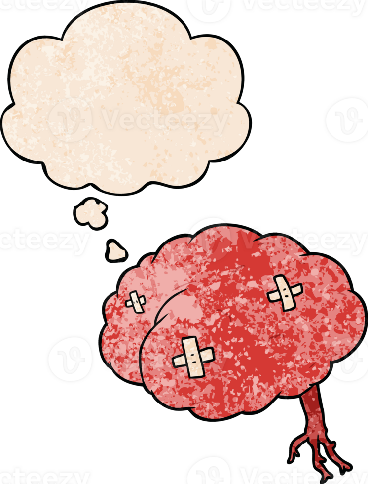 cartoon injured brain with thought bubble in grunge texture style png