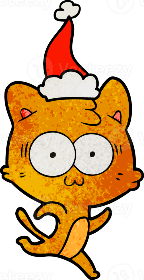 hand drawn textured cartoon of a surprised cat running wearing santa hat png