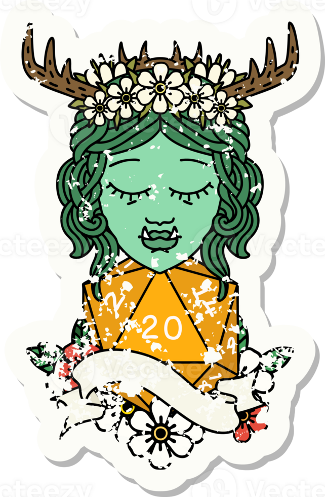 grunge sticker of a half orc druid character with natural 20 dice roll png