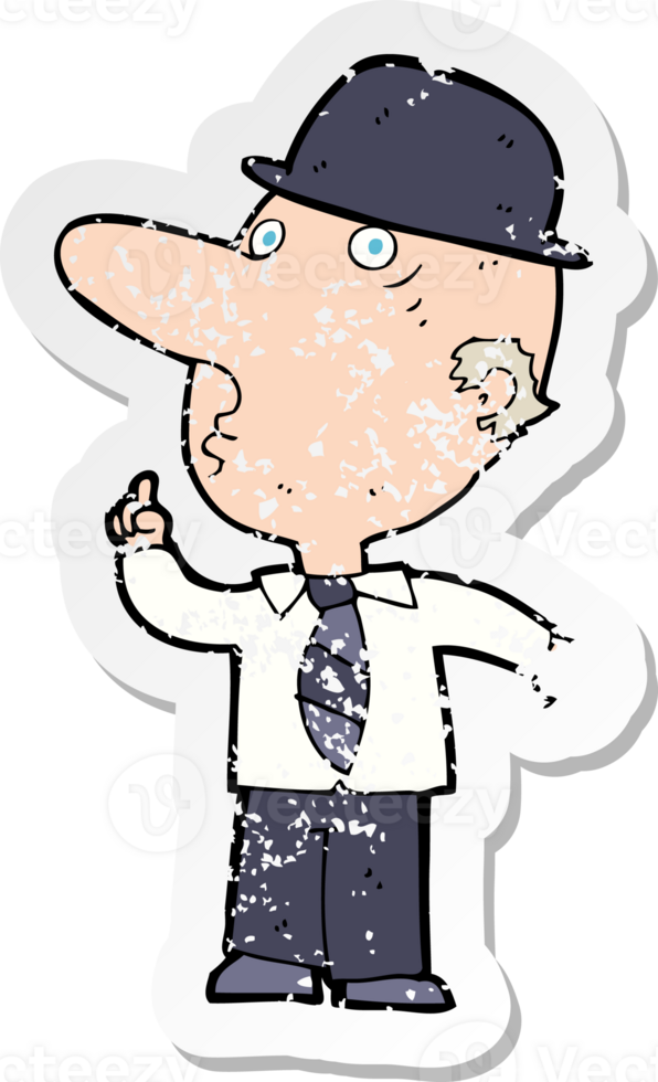 retro distressed sticker of a cartoon man wearing bowler hat png