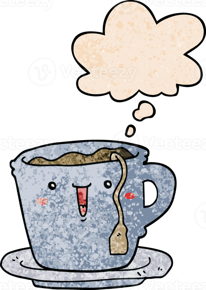 cute cartoon cup and saucer with thought bubble in grunge texture style png