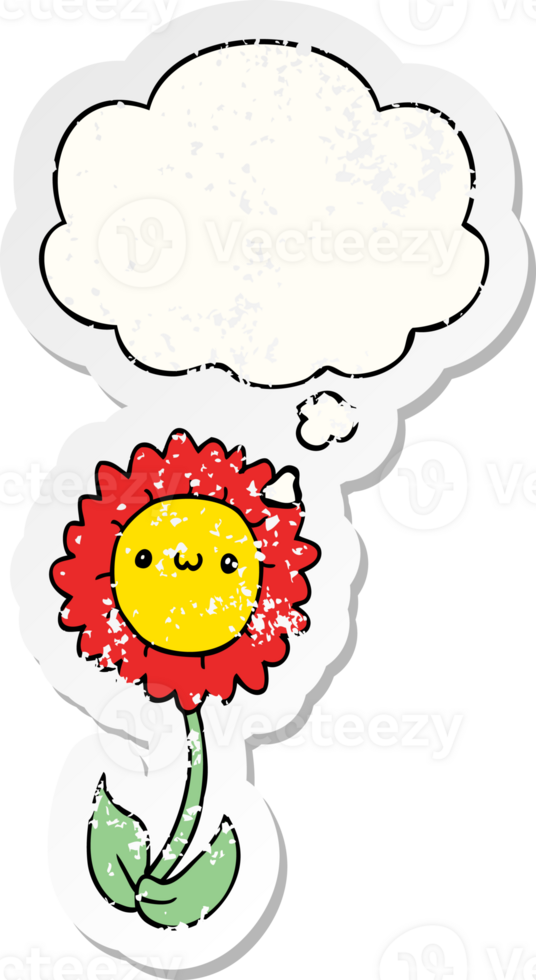 cartoon flower with thought bubble as a distressed worn sticker png