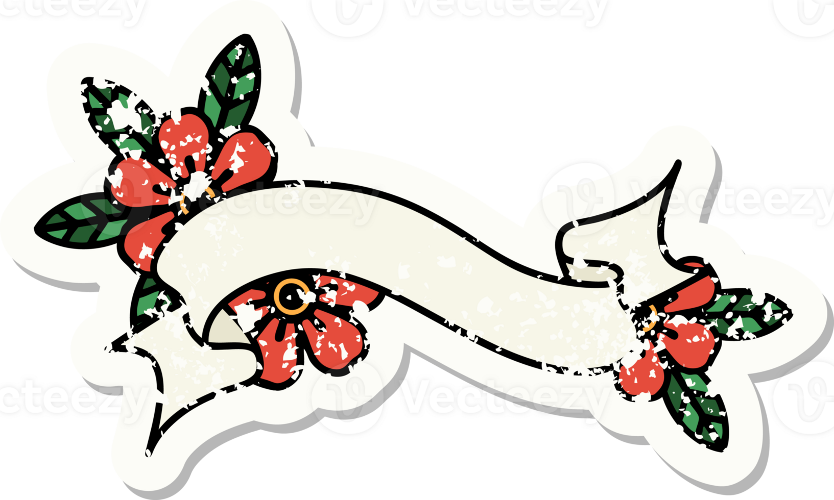 distressed sticker tattoo in traditional style of a banner and flowers png