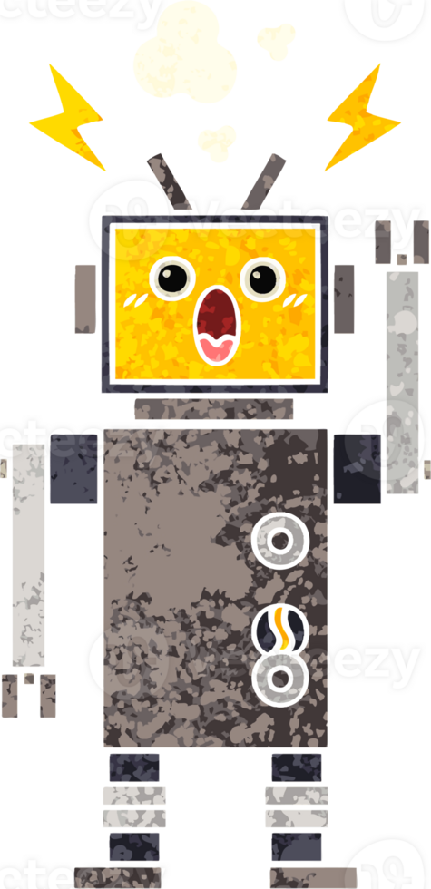 retro illustration style cartoon of a broken robot png