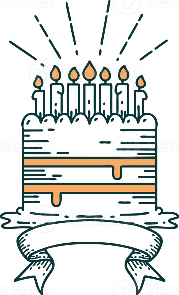 scroll banner with tattoo style birthday cake png