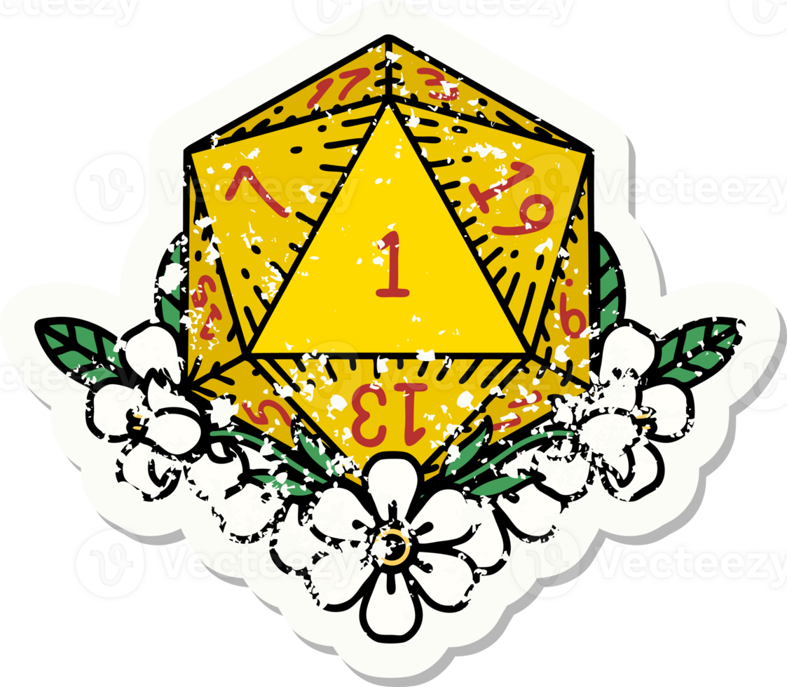grunge sticker of a natural one dice roll with floral elements png