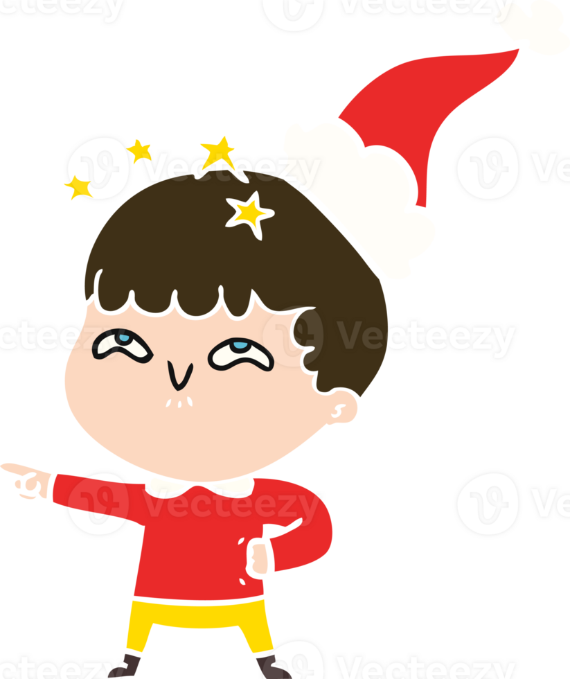 hand drawn flat color illustration of a amazed boy wearing santa hat png