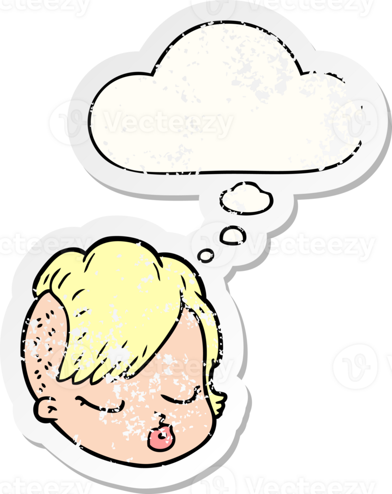 cartoon female face with thought bubble as a distressed worn sticker png