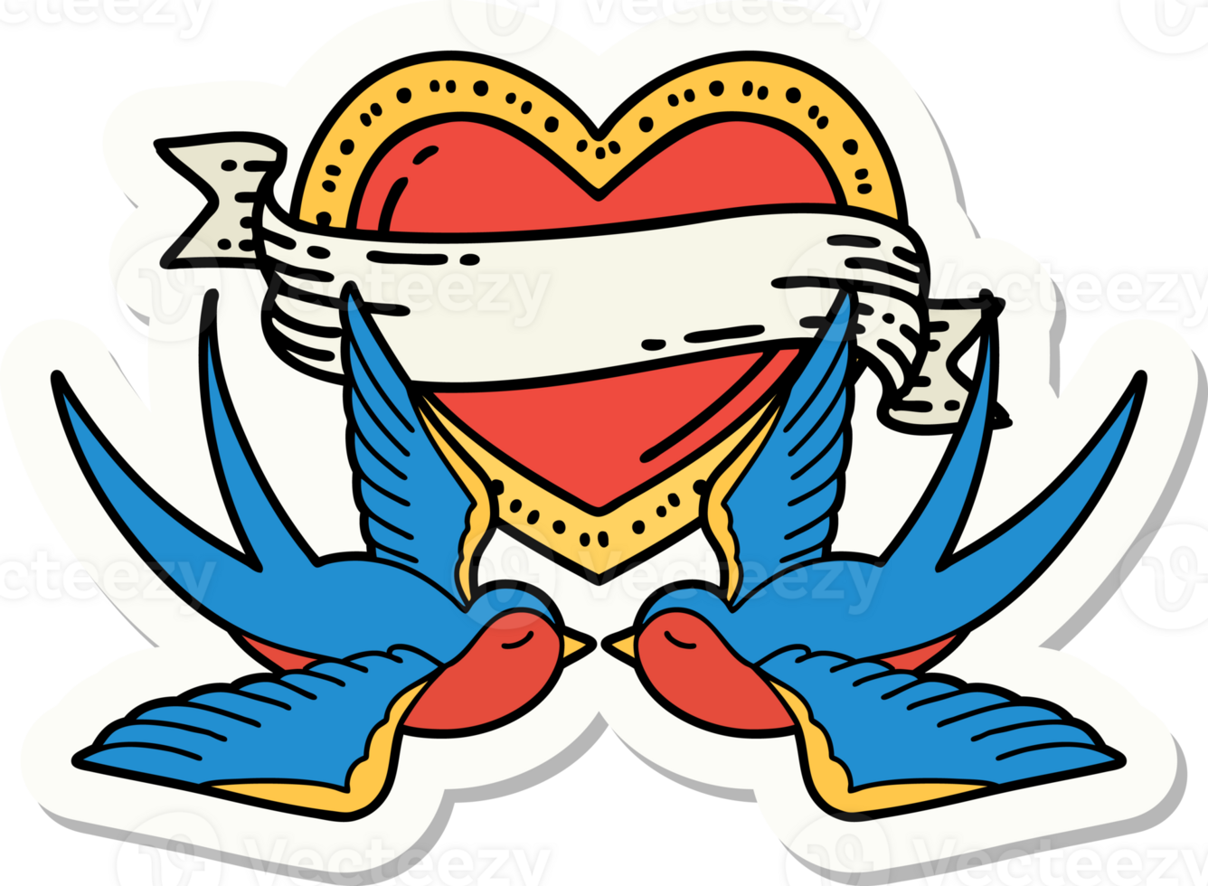 sticker of tattoo in traditional style of swallows and a heart with banner png