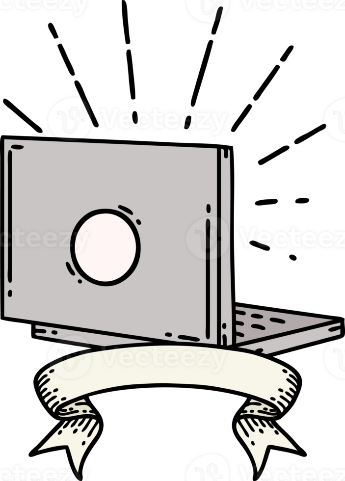 scroll banner with tattoo style laptop computer png