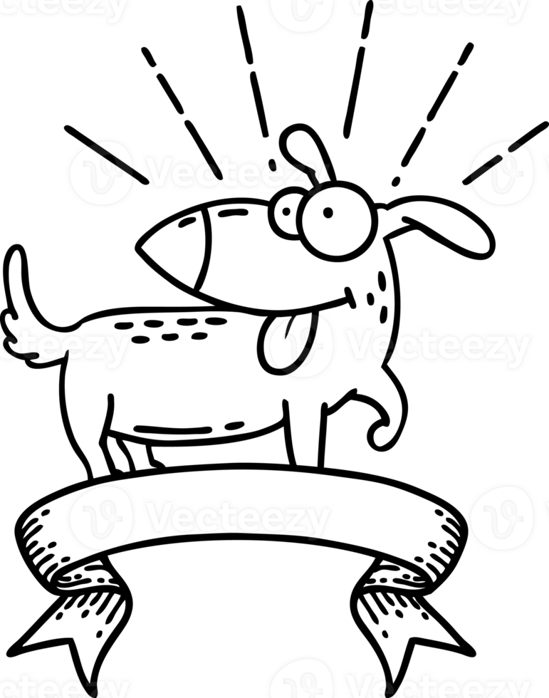 scroll banner with black line work tattoo style happy dog png