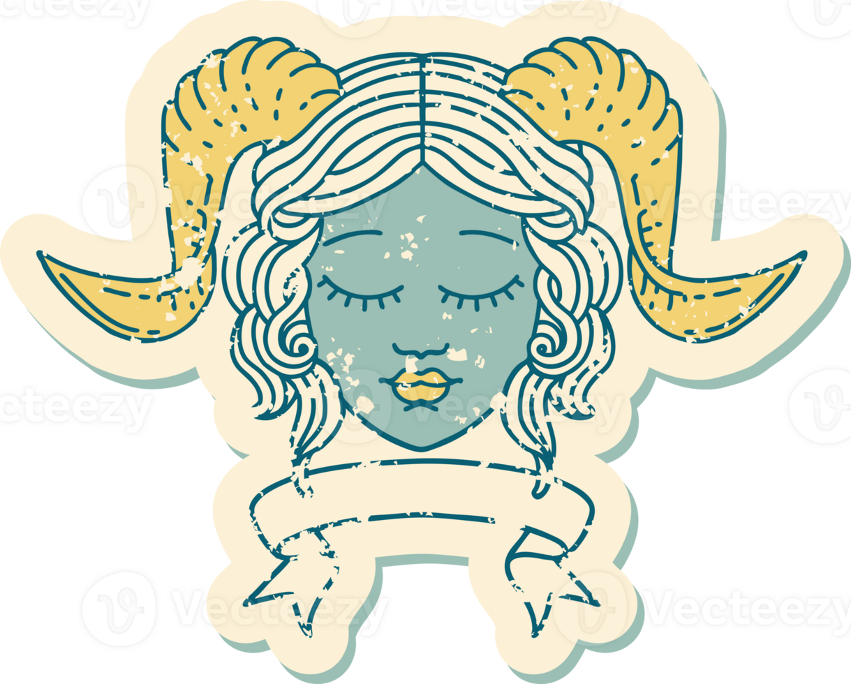 Retro Tattoo Style tiefling character face with scroll banner png