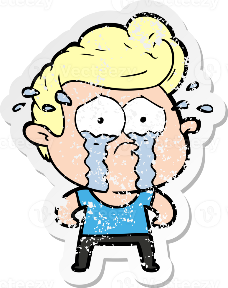 distressed sticker of a cartoon crying man png