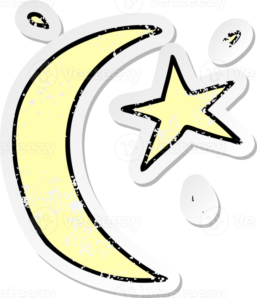hand drawn distressed sticker cartoon doodle of the moon and a star png