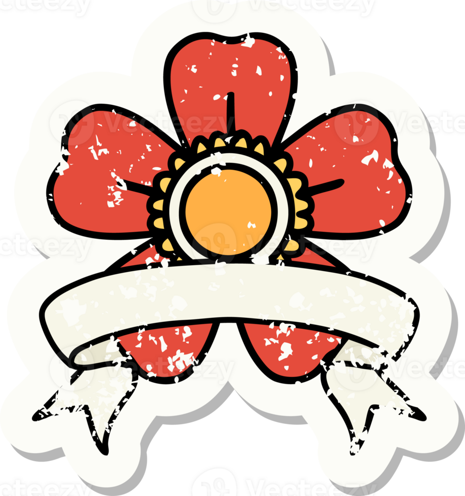 worn old sticker with banner of a flower png