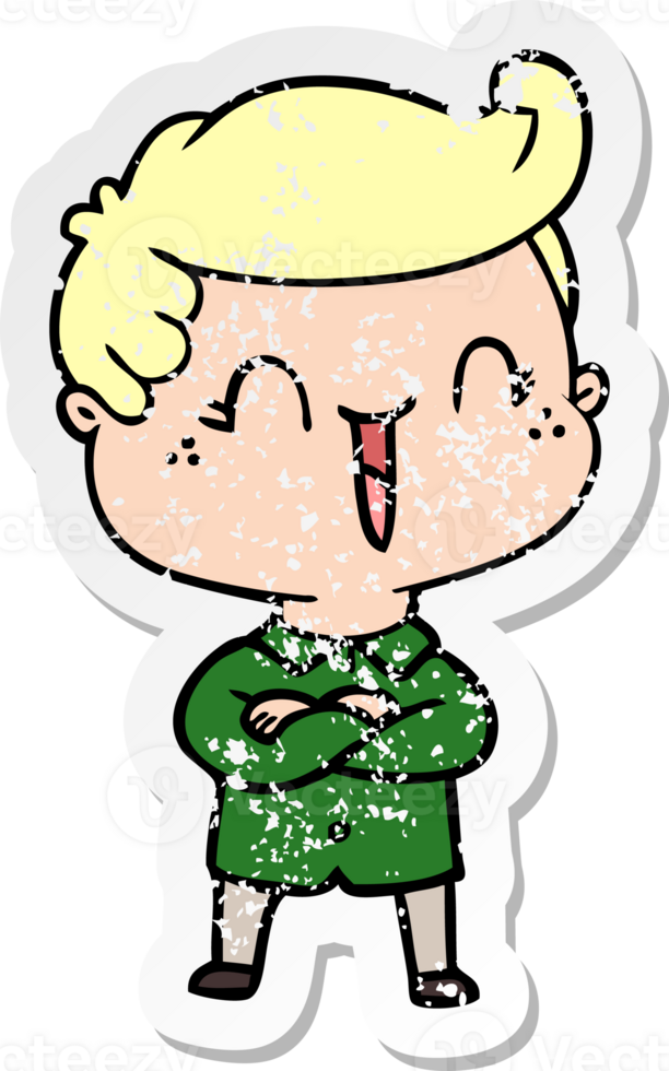 distressed sticker of a cartoon laughing boy crossing arms png