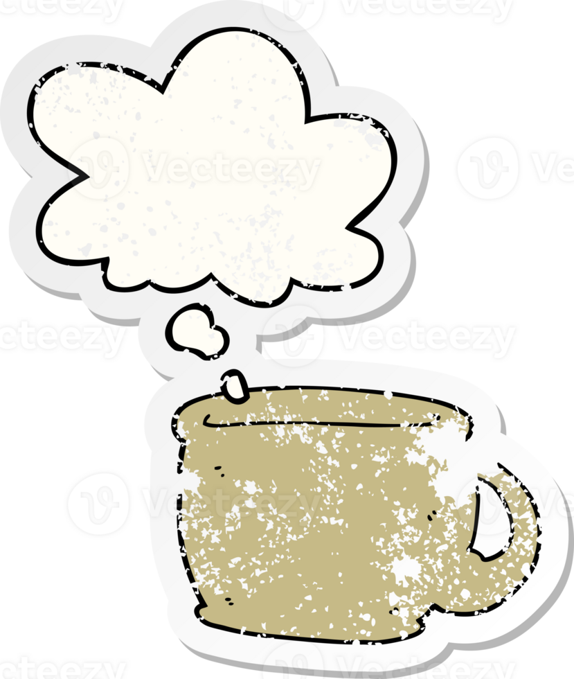 cartoon coffee cup with thought bubble as a distressed worn sticker png