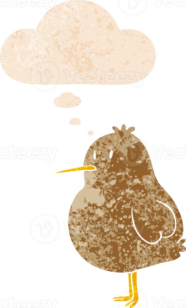 cartoon kiwi bird with thought bubble in grunge distressed retro textured style png