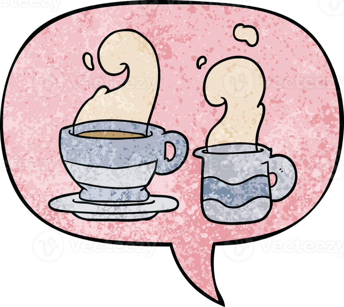 cartoon cup of coffee with speech bubble in retro texture style png