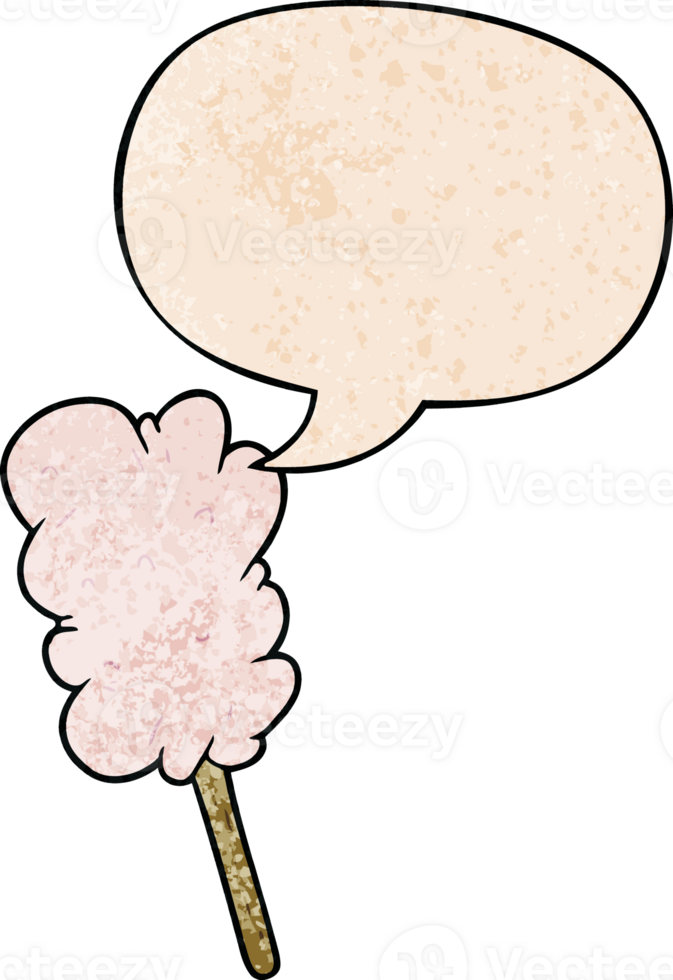 cartoon candy floss on stick with speech bubble in retro texture style png