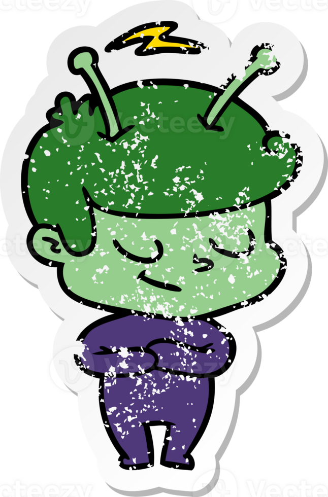 distressed sticker of a friendly cartoon spaceman png